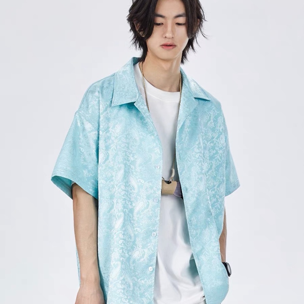 Blue Chinese Sewing Pattern Designer Short Sleeved Shirt
